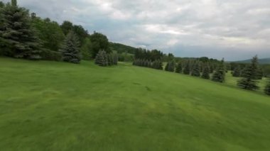 Bulutlu bir günde golf sahasının havadan görünüşü, delikten başlangıç noktasına kadar pürüzsüz bir üstgeçit içeriyor. Bereketli yeşil çayırlar ve sakin manzaralar, spor, açık hava aktiviteleri ve doğa projeleri için ideal..