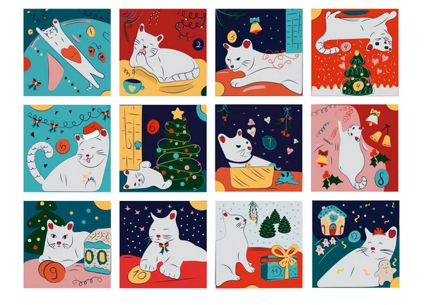 Handgezeichnete Weihnachtselemente Adventskalender Mit Katze — Stockfoto