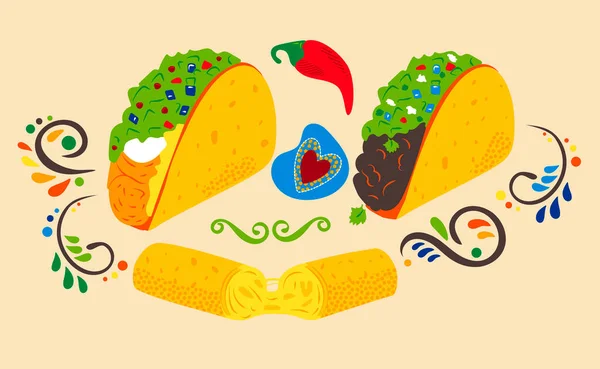 Platte Illustratie Traditionele Mexicaanse Taco Snacks — Stockfoto