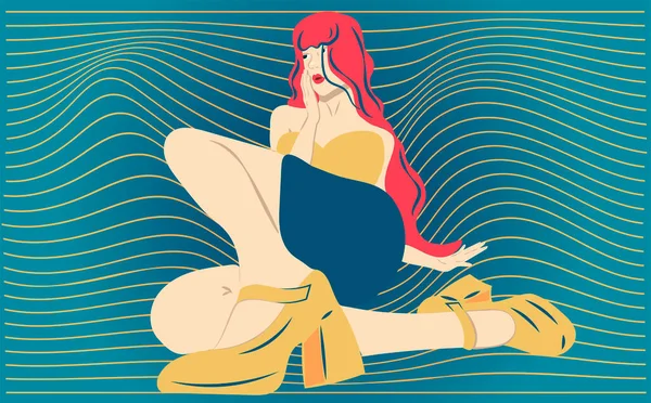 Поп Арт Иллюстрация Скучающей Думающей Девушкой Рыжими Волосами — стоковое фото