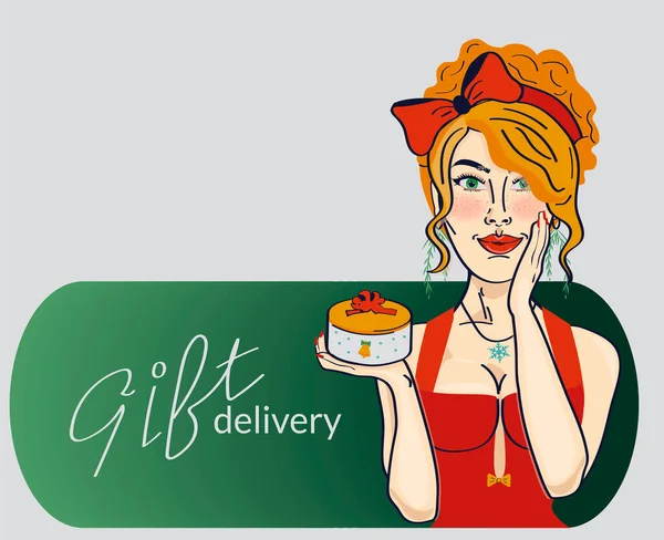 Elinde hediye kutusu olan seksi bir kızın vektör pop sanat çizimi. Noel hediyeli yaka paça sarışın.