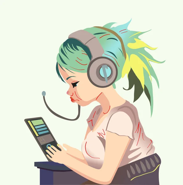 Cute cartoon girl listening to music in headphones and working online by tablet