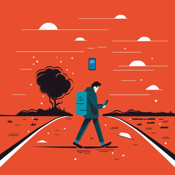 Man walking and holding mobile phone. Person using internet on smartphone on the go. Guy hold telephone, looking at phone screen and texting.