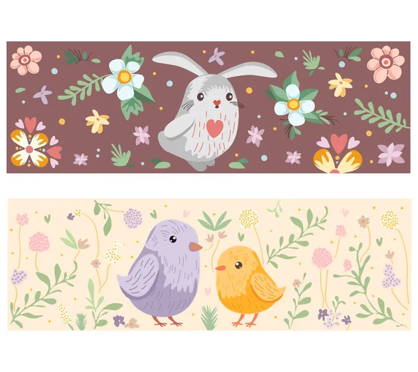 Easter background with cute birds, bunny and flowers for wallpaper and fabric design