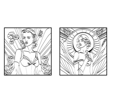 Set of contour illustrations girls with flowers, dark contours on a white background, stained glass
