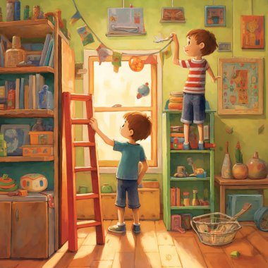 Renkli bir odayı dekore eden iki çocuğun kitap illüstrasyonu