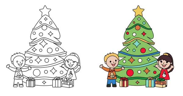Erkek ve kız Noel ağacını süslüyor. Renk sayfası