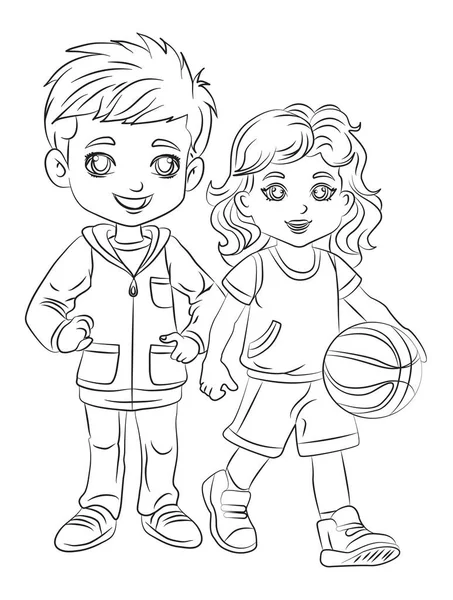 Vector Coloring Page Cheerful Little Girl Boy Athletes — Stock Photo, Image