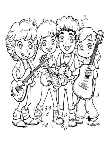 Coloring Page Kids Boys Girls Musicians — Stock Photo, Image