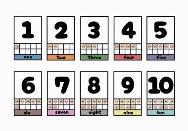 Posterler 1-10 Anaokulu Faaliyetleri. Şirin vektör illüstrasyonu