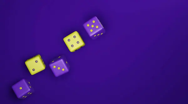 Mor ve sarı renklerde 3 boyutlu kumarhane zarları. Boş boşluk