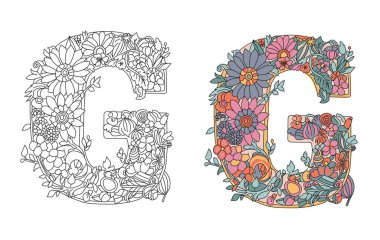 G harfiyle vektör boyama sayfası Yetişkinler için boyama kitabı