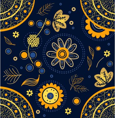 Etnik çiçeklerle kusursuz desen ve koyu mavi arka planda yapraklar..