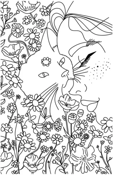 Girl with cat and flowers coloring page coloring book illustration