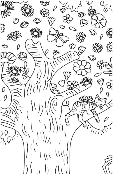 Cute cat on the tree coloring page illustration