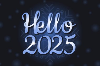 Merhaba 2025 kar taneli mavi arkaplan harfleri