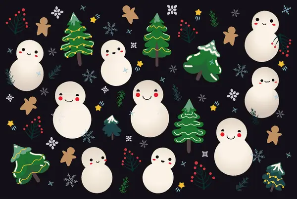 Siyah arka planda bir grup tatlı kardan adam ve Noel ağaçları.
