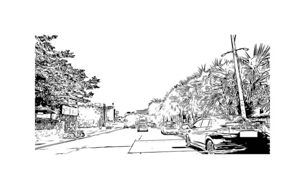 Print Building view with landmark of Pattaya City is the city in Thailand. Vektörde elle çizilmiş çizim çizimi.