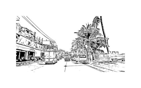 Vytisknout Pohled Budovu Orientačním Bodem Města Pattaya Město Thajsku Ručně — Stockový vektor