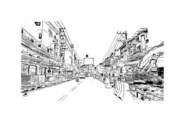 Print Building View Landmark Pattaya City City Thailand Hand Drawn — Stock Vector