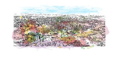 Print Building view of Pau, Fransa 'nın güneybatısında yer alan bir şehirdir. Vektörde elle çizilmiş resim ile suluboya sıçraması.