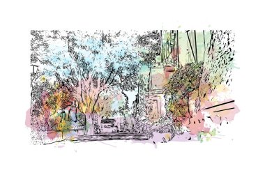 Print Building view of Pau, Fransa 'nın güneybatısında yer alan bir şehirdir. Vektörde elle çizilmiş resim ile suluboya sıçraması.