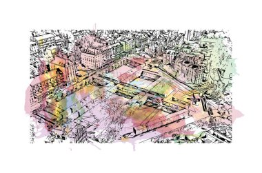 Print Building view of Pau, Fransa 'nın güneybatısında yer alan bir şehirdir. Vektörde elle çizilmiş resim ile suluboya sıçraması.