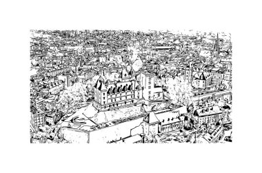 Print Building view of Pau, Fransa 'nın güneybatısında yer alan bir şehirdir. Vektörde elle çizilmiş çizim çizimi.