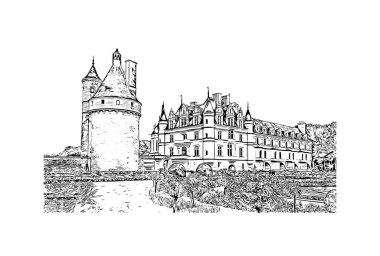 Print Building view of Pau, Fransa 'nın güneybatısında yer alan bir şehirdir. Vektörde elle çizilmiş çizim çizimi.
