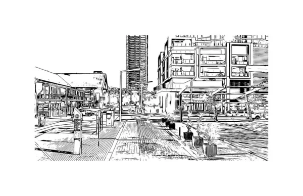 Print Building Vista Com Marco Perth Cidade Austrália Desenho Desenhado —  Vetores de Stock