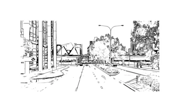 Print Building Vista Com Marco Perth Cidade Austrália Desenho Desenhado — Vetor de Stock