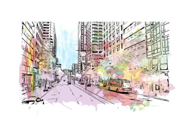 Print Building view with landmark of Perth is the city in Australia. Vektörde elle çizilmiş resim ile suluboya sıçraması.