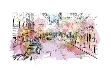 Print Building view with landmark of Perth is the city in Australia. Vektörde elle çizilmiş resim ile suluboya sıçraması.