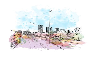 Print Building view with landmark of Perth is the city in Australia. Vektörde elle çizilmiş resim ile suluboya sıçraması.
