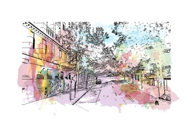 Print Building view with landmark of Perth is the city in Australia. Vektörde elle çizilmiş resim ile suluboya sıçraması.