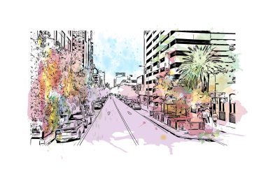 Print Building view with landmark of Perth is the city in Australia. Vektörde elle çizilmiş resim ile suluboya sıçraması.