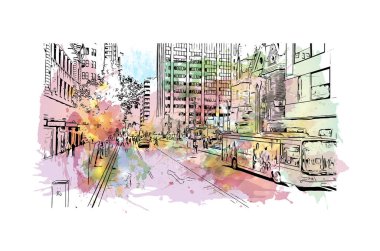 Print Building view with landmark of Perth is the city in Australia. Vektörde elle çizilmiş resim ile suluboya sıçraması.