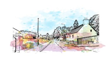 Perth 'in simgesi olan Print Building View, İskoçya' daki bir şehirdir. Vektörde elle çizilmiş resim ile suluboya sıçraması.