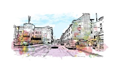 Perth 'in simgesi olan Print Building View, İskoçya' daki bir şehirdir. Vektörde elle çizilmiş resim ile suluboya sıçraması.