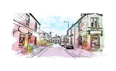 Perth 'in simgesi olan Print Building View, İskoçya' daki bir şehirdir. Vektörde elle çizilmiş resim ile suluboya sıçraması.