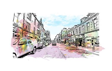Perth 'in simgesi olan Print Building View, İskoçya' daki bir şehirdir. Vektörde elle çizilmiş çizim çizimi.