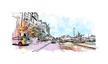 Perth 'in simgesi olan Print Building View, İskoçya' daki bir şehirdir. Vektörde elle çizilmiş çizim çizimi.