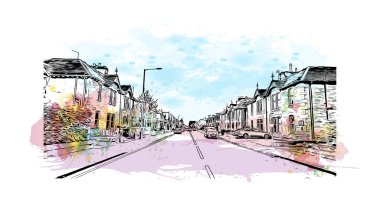 Perth 'in simgesi olan Print Building View, İskoçya' daki bir şehirdir. Vektörde elle çizilmiş çizim çizimi.