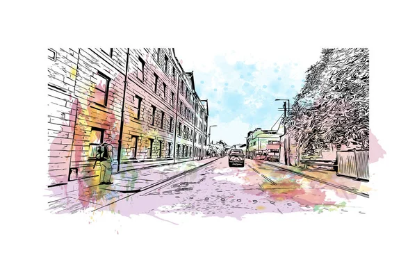 带有珀斯地标的印刷建筑视图是苏格兰的一个城市 矢量手绘示意图水彩画 — 图库矢量图片