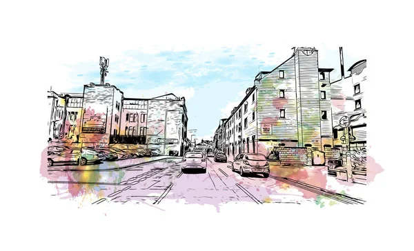 Vytisknout Pohled Budovu Orientačním Bodem Perthu Městem Skotsku Akvarelové Stříknutí — Stockový vektor