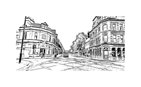 Print Building Vista Com Marco Perth Cidade Escócia Desenho Desenhado — Vetor de Stock