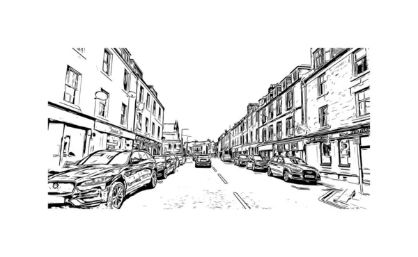 带有珀斯地标的印刷建筑视图是苏格兰的一个城市 矢量手绘草图 — 图库矢量图片