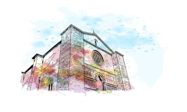 Print Building view with landmark of Perugia is the city in Italy. Vektörde elle çizilmiş resim ile suluboya sıçraması.