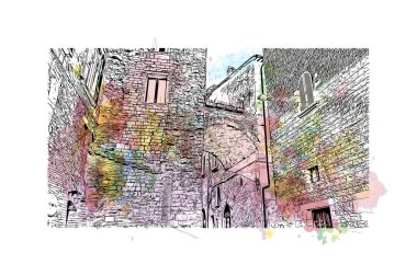 Print Building view with landmark of Perugia is the city in Italy. Vektörde elle çizilmiş resim ile suluboya sıçraması.