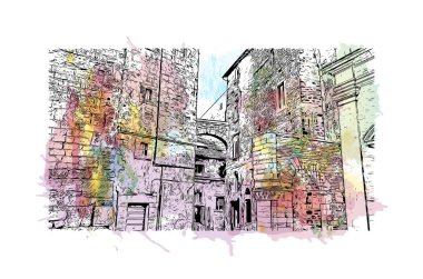 Print Building view with landmark of Perugia is the city in Italy. Vektörde elle çizilmiş resim ile suluboya sıçraması.